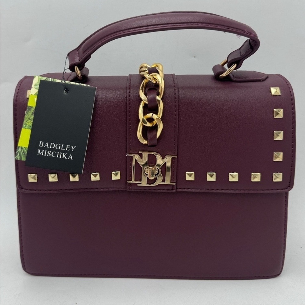 NEW Badgley Mischka Plum Vegan Leather Studded Top Handle‎ Satchel Crossbody Bag